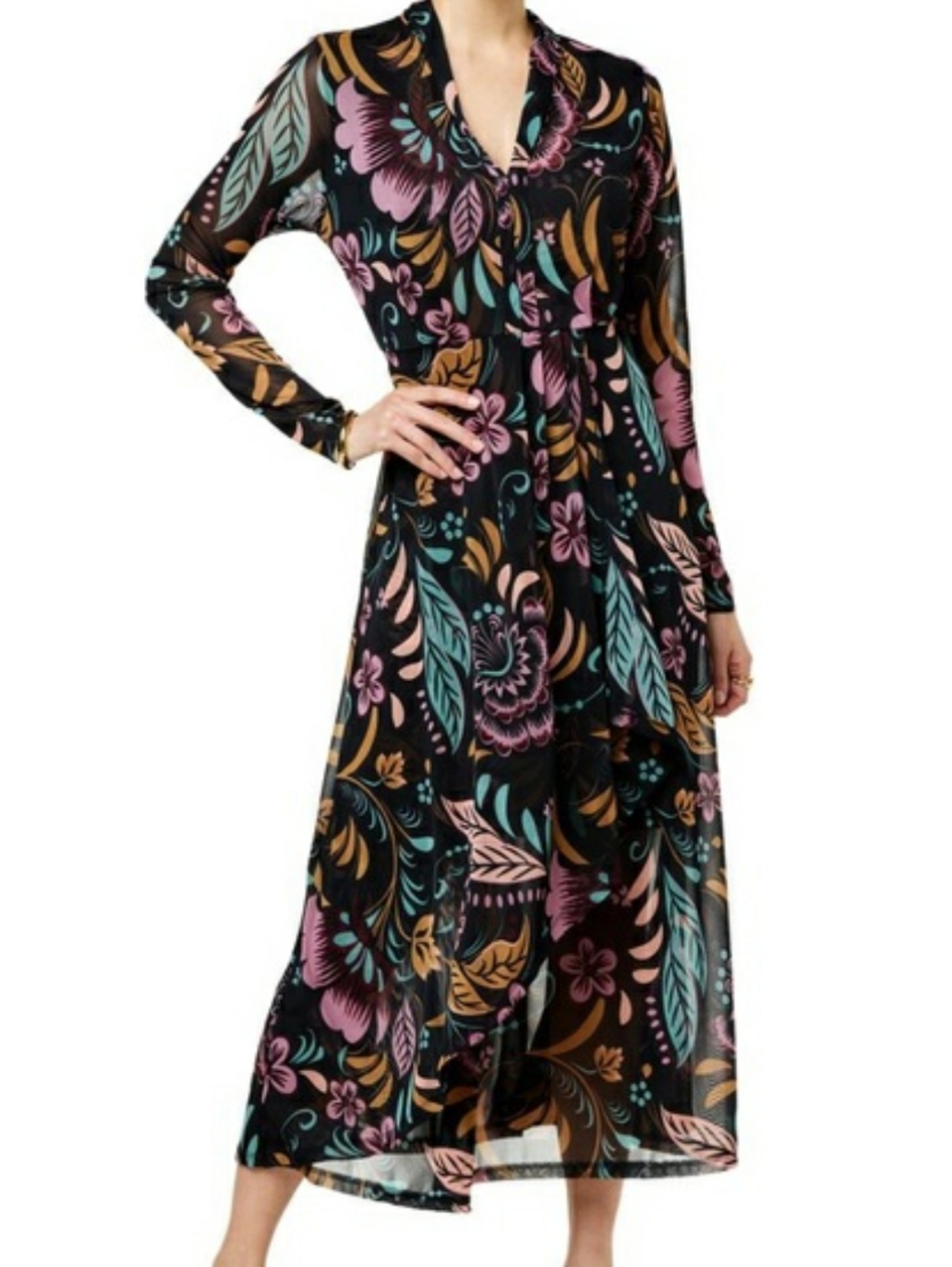 Iman's Long Sleeve Black Mesh Floral Maxi Dress with Pink, Gold and Teal Print